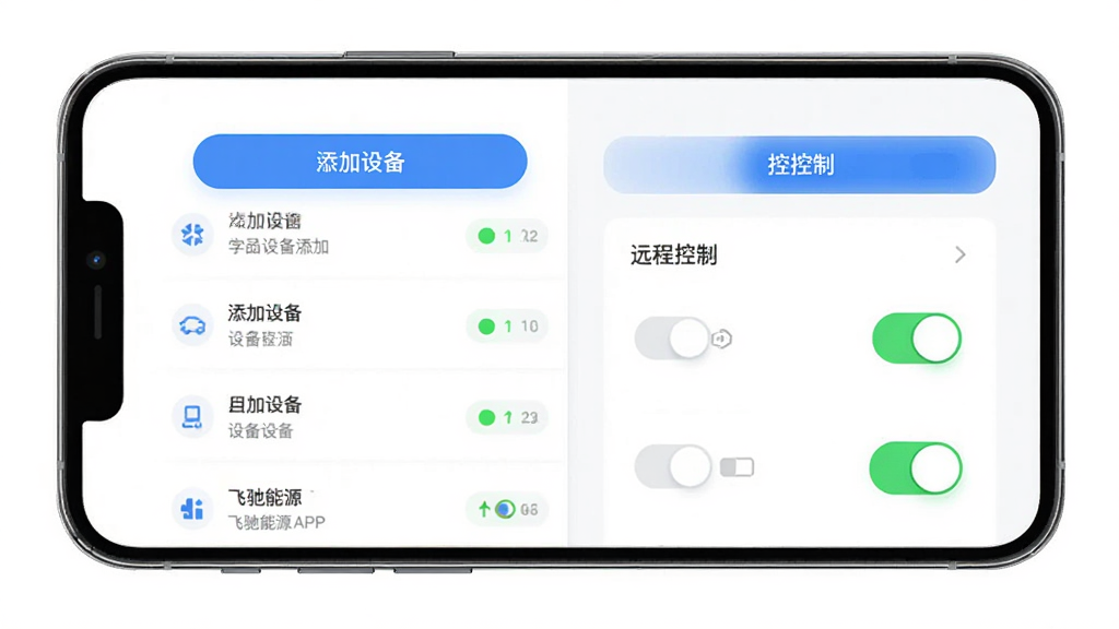 飞驰能源APP操作界面,主体为手机屏幕显示设备绑定和控制页面,布局为左右分栏展示设备列表和控制面板,排版清晰,风格为简约商务风UI,细节包括添加设备按钮、设备状态指示灯和远程控制开关,画质高清,干净,无多余元素