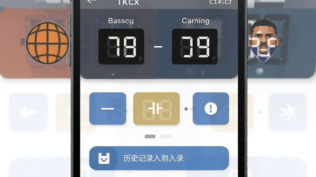一款手机应用界面展示,主体为TKCX C1比分记录面板,布局为顶部显示篮球比赛两队比分,中间为加分按钮区域,底部为历史记录入口,排版简洁清晰,风格为现代扁平化设计,细节包括数字计分板、队伍名称标签、保存按钮图标,画质高清,干净,无多余元素