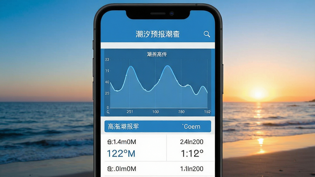 潮汐预报软件主界面展示,手机屏幕显示潮汐曲线图与高低潮时间列表,背景为海边日出场景,蓝色调为主,扁平化设计风格,界面文字清晰可见,画质干净无多余元素