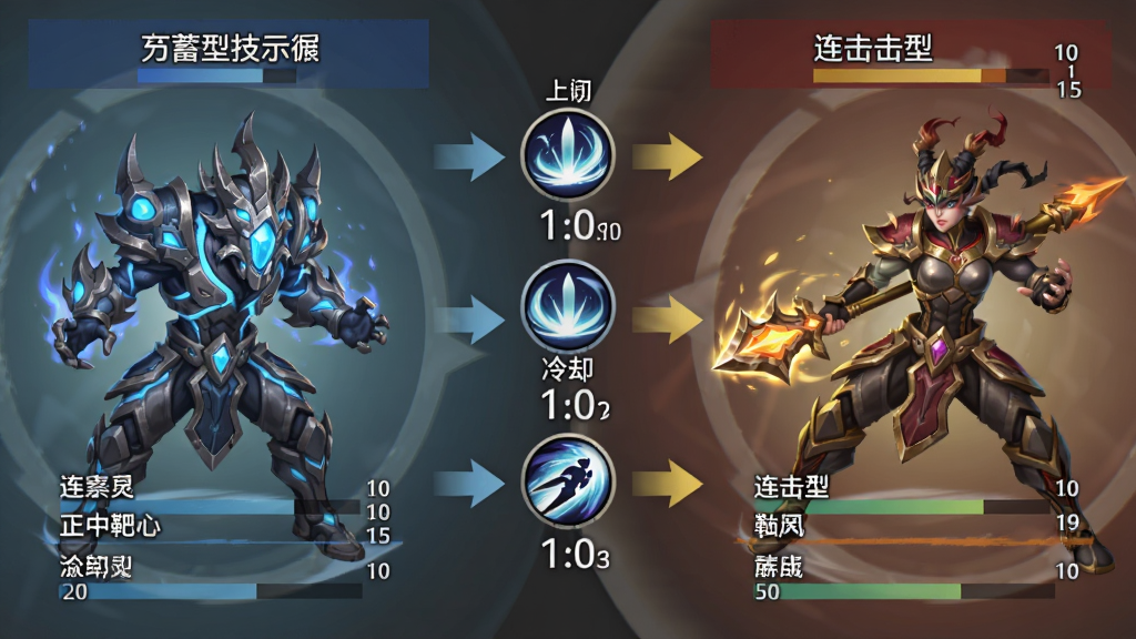 正中靶心2器灵技能循环展示图,画面左侧为蓄力型器灵,右侧为连击型器灵,中间用箭头连接技能图标和冷却时间,排版为信息图风格,细节包含技能名称和数值条,画质清晰,干净,无多余元素