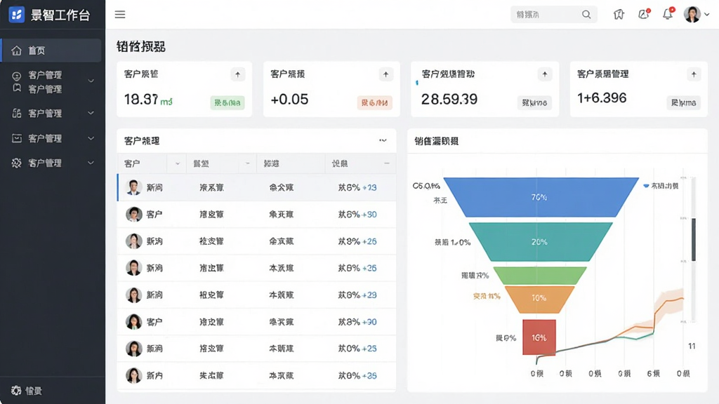 景智工作台软件界面截图,展示客户关系管理仪表盘,包含客户列表、销售漏斗图表,布局清晰,排版专业,风格为现代商务简约,细节包括数据卡片和导航菜单,画质清晰,干净,无多余元素。