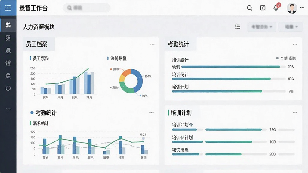 景智工作台软件界面截图,展示人力资源模块,包含员工档案、考勤统计和培训计划,布局为左右分栏,排版整洁,风格为清爽企业风,细节有图表和进度条,画质清晰,干净,无多余元素。
