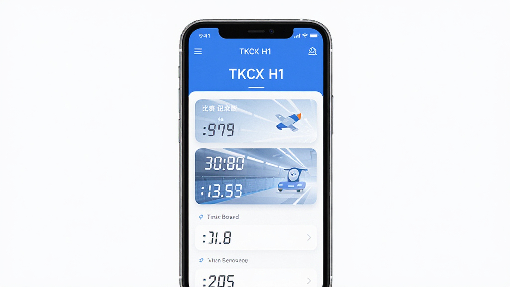 TKCX H1 应用主界面展示比赛记录列表和计分板功能 主体为手机屏幕展示应用界面 布局为居中展示手机正面 排版为上下结构上方标题下方界面截图 风格为科技简约风 细节为蓝色主色调计分数字清晰 画质高清 干净 无多余元素