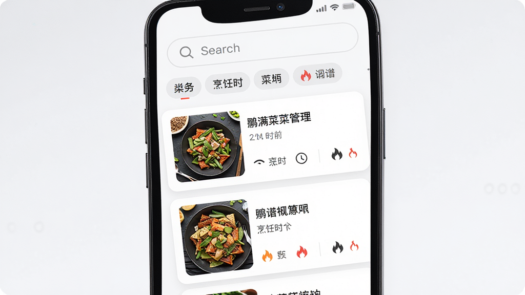 主体为一部智能手机屏幕,屏幕内展示鹏满菜谱管理APP的菜谱列表界面,布局为上下结构,顶部是搜索栏和分类标签,中部是菜谱卡片列表,排版整齐清晰,风格为现代简约科技风,细节包括菜谱缩略图、名称、烹饪时长和火力图标,画质高清,干净,无多余元素