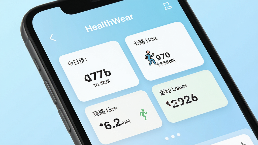 HealthWear����������չʾ���ֻ���Ļ����ʾ���ղ�������·�����ĺ��˶��������ݿ�Ƭ������Ϊǳ��ɫ���䣬��������£������������ɾ��޶���Ԫ��