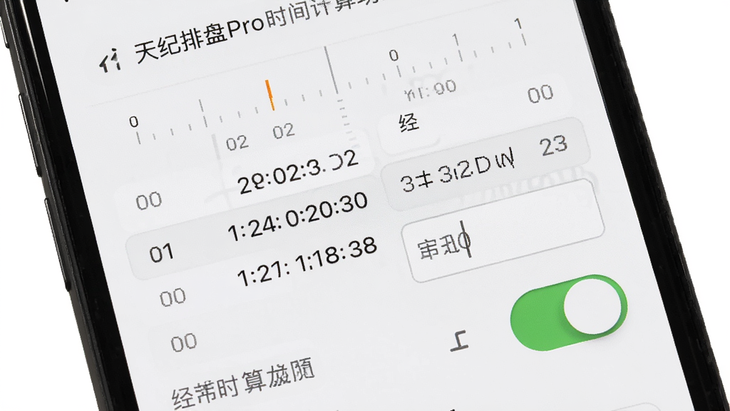 天纪排盘Pro时间计算功能特写,主体为手机屏幕显示日期时间选择器与真太阳时校正选项,布局为上下结构,排版简洁,风格为现代实用工具风,细节包括时辰刻度、经纬度输入框、校正开关按钮,画质清晰,干净,无多余元素