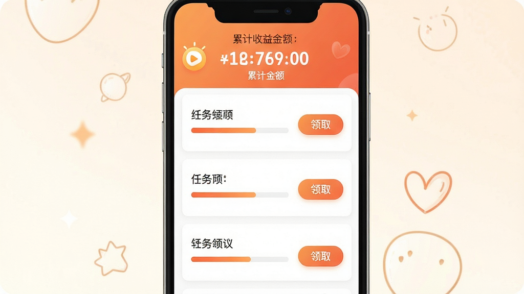 刷短剧领红包应用内红包任务页面,任务列表纵向排列,每条任务带有进度条和领取按钮,顶部显示累计收益金额,界面配色温暖,布局整洁,风格清新,细节清晰,画质高清,干净无多余元素