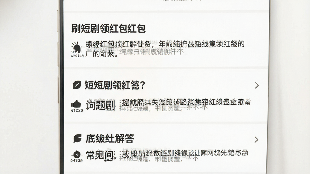 刷短剧领红包应用常见问题页面,列表形式展示问题与解答,每条问题加粗显示,解答文字清晰,整体排版简洁,风格素雅,细节干净,画质高清,无多余装饰元素