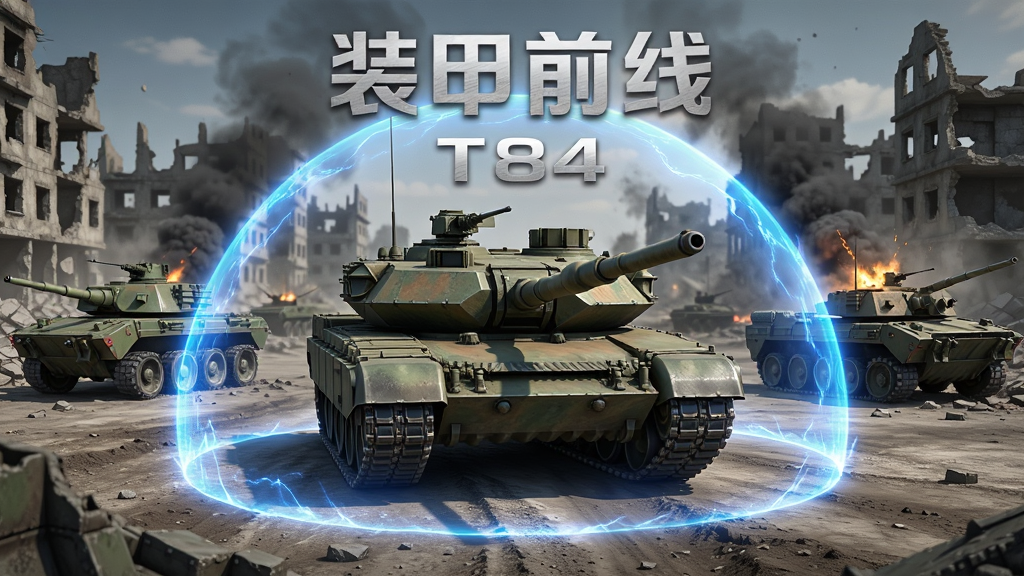 装甲前线新版本宣传图,画面展示T84主战坦克在战场中央开启阵地防御系统,周围有蓝色能量护盾特效,背景是城市废墟和硝烟,多辆敌方载具被击毁,3D军事风格,高清画质,干净无多余元素