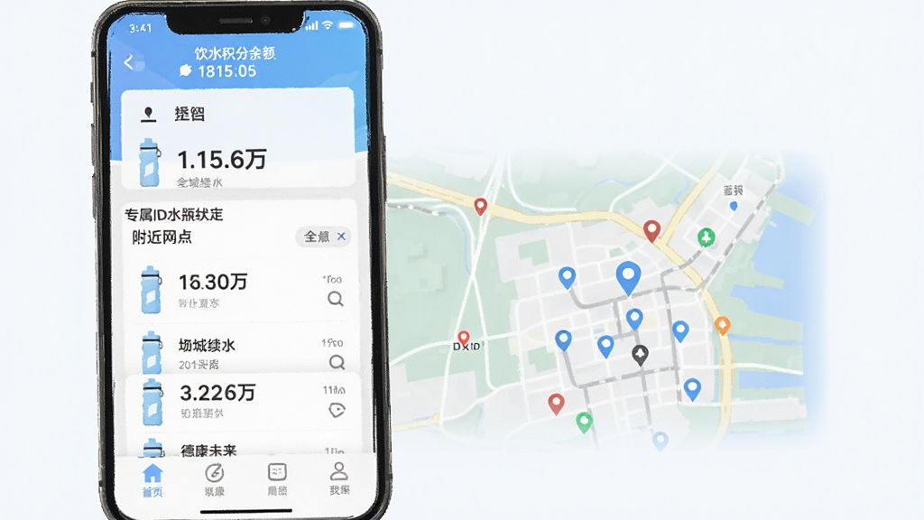 �¿�δ��APP������չʾ,�ֻ���Ļ����ʾר��IDˮƿ��״̬��ȫ����ˮ�����ͼ,��������,�Ϸ�Ϊ��ˮ�������,�в�Ϊ���������б�,�ײ�Ϊ���ܵ�����,���������,ϸ�ڰ���ˮƿͼ�����������,���������ɾ��޶���Ԫ��