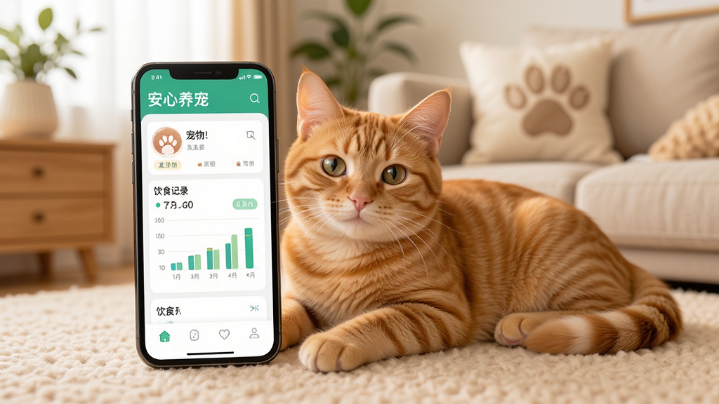 安心养宠软件界面展示,一只可爱的橘猫趴在手机旁,手机屏幕上显示宠物档案和饮食记录图表,背景是温馨的家居环境,布局简洁,风格清新治愈,细节丰富,画质清晰,干净,无多余元素