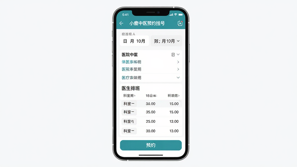 С¹��ҽԤԼ�ҺŹ��ܽ��棬�ֻ���Ļ��ʾҽԺ�б���ҽ���Ű��������Ϊ�ֻ����棬���־��У��Ű����룬����Լҽ�ƣ�ϸ�ڰ�������ѡ�񡢿���ɸѡ��ԤԼ��ť�������������ɾ����޶���Ԫ��