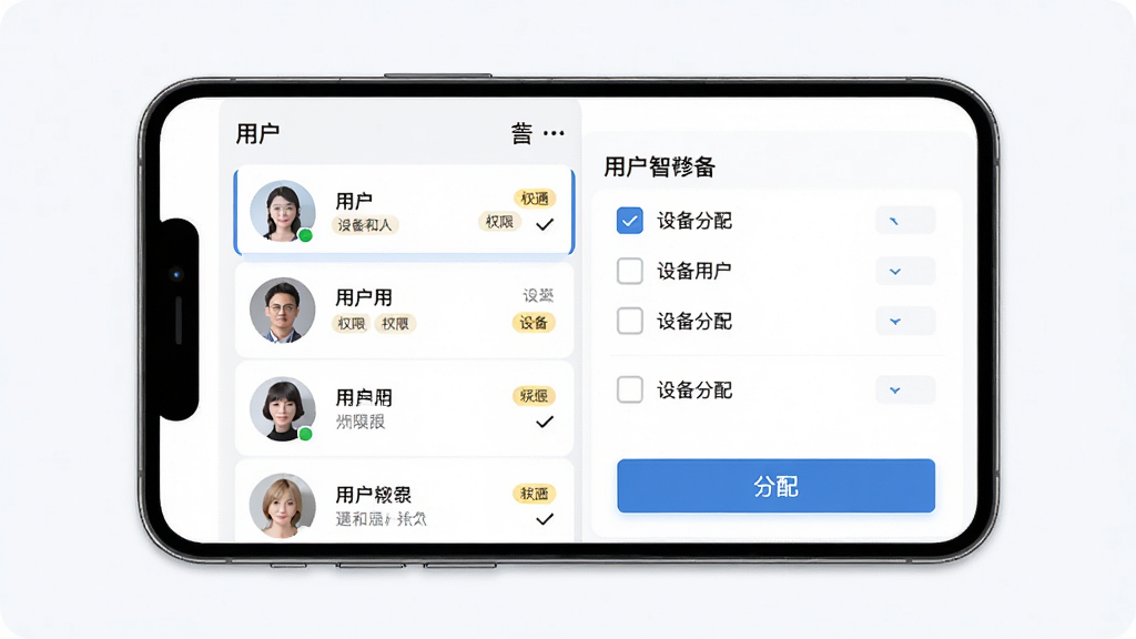 暖通智能用户管理界面,主体为手机屏幕显示用户列表与设备分配选项,布局为左侧用户头像列表右侧设备勾选面板,排版整齐,风格为清爽商务风,细节包含权限标签、分配按钮,画质清晰干净无多余元素