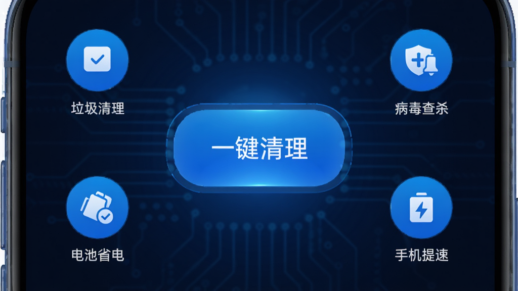 手机屏幕显示特快一键清理软件主界面,中央有一键清理大按钮,周围环绕垃圾清理、病毒查杀、手机提速、电池省电四个功能图标,蓝色科技风格,界面干净整洁,高清画质,无多余元素
