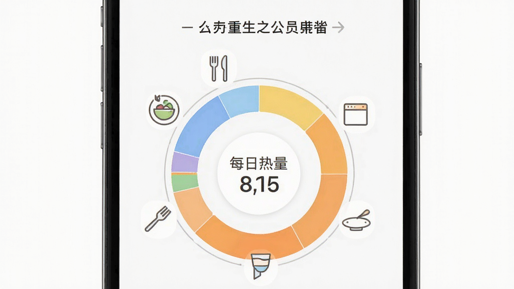 我太想进步了-重生之我是公务员 手机应用首页展示每日热量环形图 布局居中 排版简洁 风格清新 细节带有饮食图标和数字 画质高清 干净 无多余元素