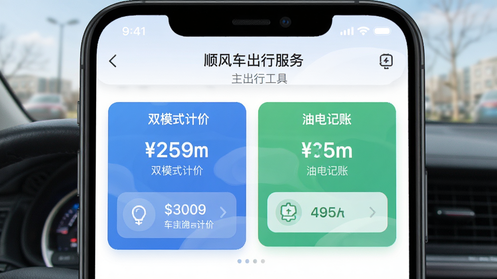 顺风车接单服务 车主出行工具 主界面 双模式计价 油电记账 干净 无多余元素 高清画质