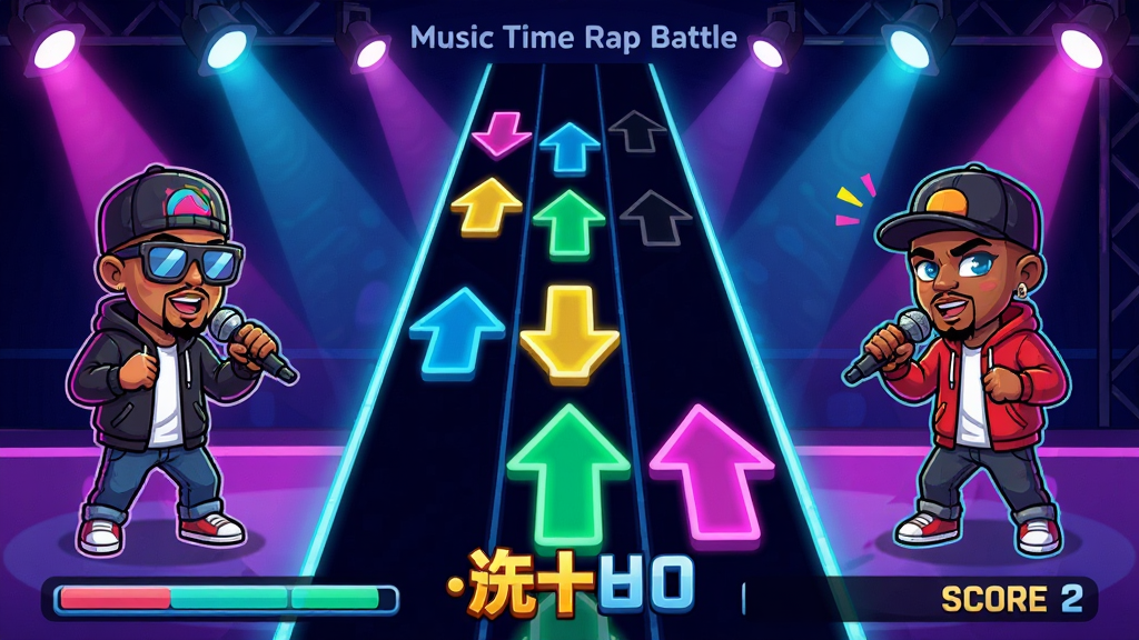 Music Time Rap Battle��Ϸ���棬�����������ͷ���������վ�ſ�ͨ˵����ɫ���������޺���̨�ƹ⣬�����·���ʾ�������͵÷֣�������޻��ã��ɾ����࣬�޶���Ԫ�أ����廭��