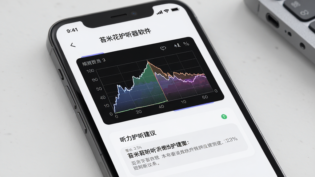 苔米花护听器软件界面中显示听力检测报告图表,主体为手机屏幕展示报告页面,布局为居中展示,排版简洁清晰,风格为现代科技感,细节包含频段曲线和护听建议文字,画质高清,干净,无多余元素