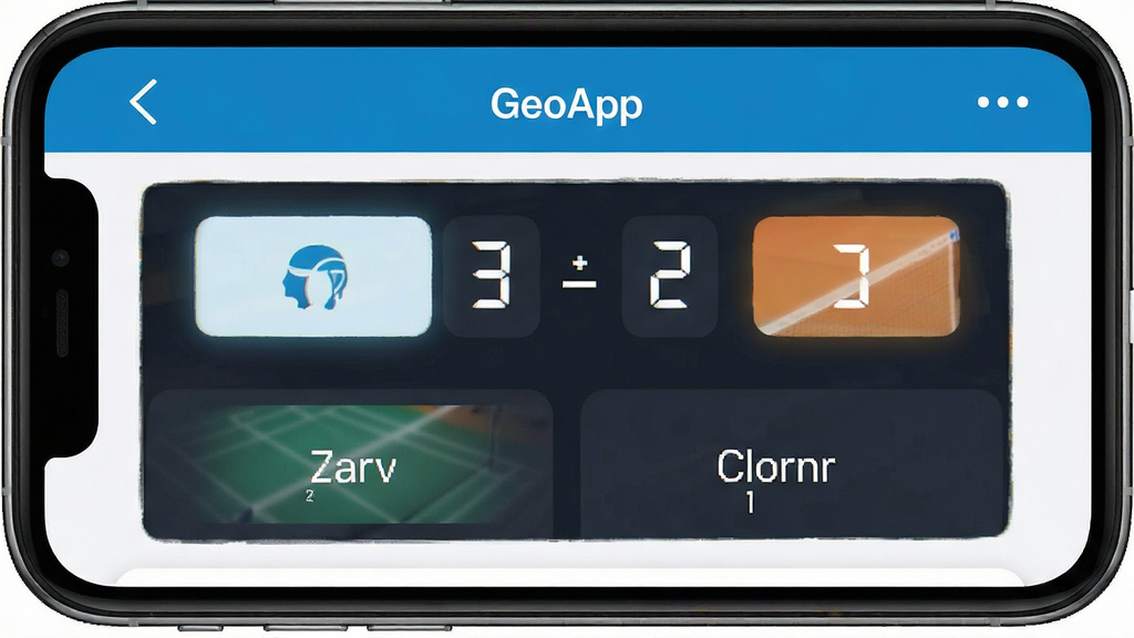GeoApp应用内比分记录操作界面,主体为手机屏幕显示羽毛球计分页面,布局上下结构,排版整齐,风格清爽简洁,细节包含比分按钮和队伍名称,画质清晰,干净,无多余元素