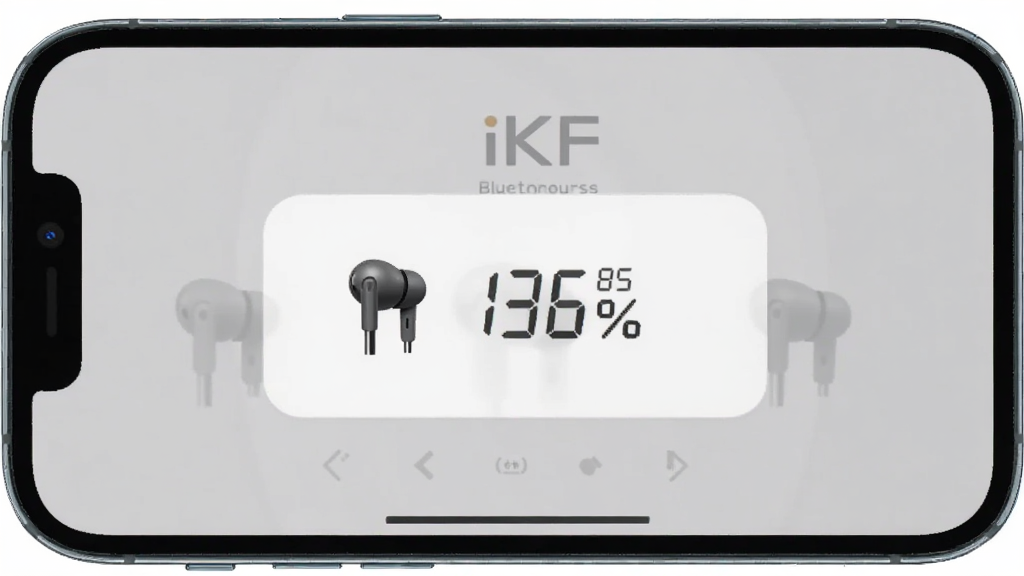 一张展示iKF蓝牙耳机连接手机后弹出电量窗口的界面截图,主体为手机屏幕,布局居中,排版简洁,风格为现代科技感,细节包含耳机图标和百分比数字,画质清晰干净,无多余元素