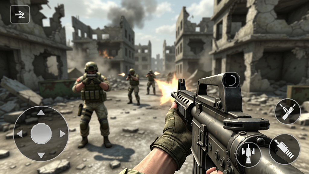 Fps Commando Shooting ��һ�˳����ս�����棬����ֳ�ͻ����ǹ��׼ǰ��AI���ˣ���Ļ��ʾ����ҡ�˺������ť������Ϊ���з��棬дʵ���·�񣬸��廭�ʣ��ɾ��޶���Ԫ��
