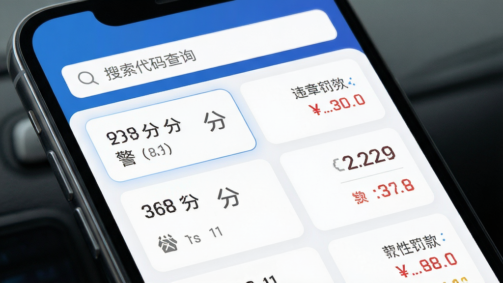 手机屏幕显示违章代码查询界面,主体是交警违章处罚指南软件界面,布局为顶部搜索框加下方列表,排版清晰,风格简约科技感,细节包含违章代码数字、扣分图标和罚款金额文字,画质高清干净无多余元素