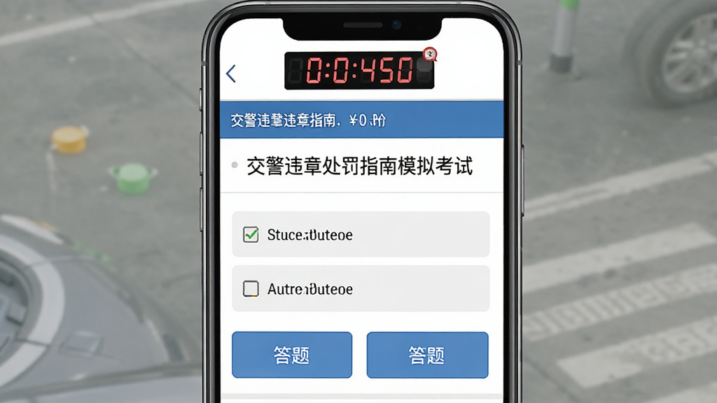 交警违章处罚指南模拟考试界面,主体为手机屏幕显示考试题目和选项,布局为顶部计时器加中部题目加底部选项按钮,排版紧凑,风格考试系统界面,细节包含倒计时数字和答题卡标记,画质清晰干净无多余装饰