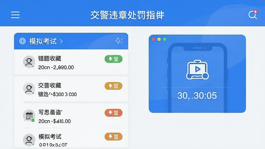 交警违章处罚指南软件界面展示,主体为错题收藏列表和模拟考试入口,布局上下排列,排版整齐,风格清爽蓝色调,细节包含错题数量标记和考试倒计时,画质清晰干净无杂乱元素