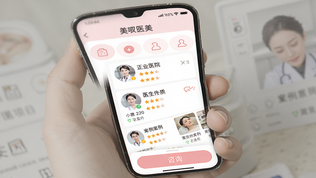 ����ҽ��APP����չʾ���ֻ���Ļ����ʾ����ҽԺ�б���ҽ��������Ϣ��ҳ�沼��������������Ŀ����ͼ������ѯ��ť�������רҵ��ɫ���԰�ɫ�͵���ɫΪ����ϸ�ڰ���ҽ��ͷ�������Ǽ�����������ͼ�������������ɾ����޶���Ԫ��