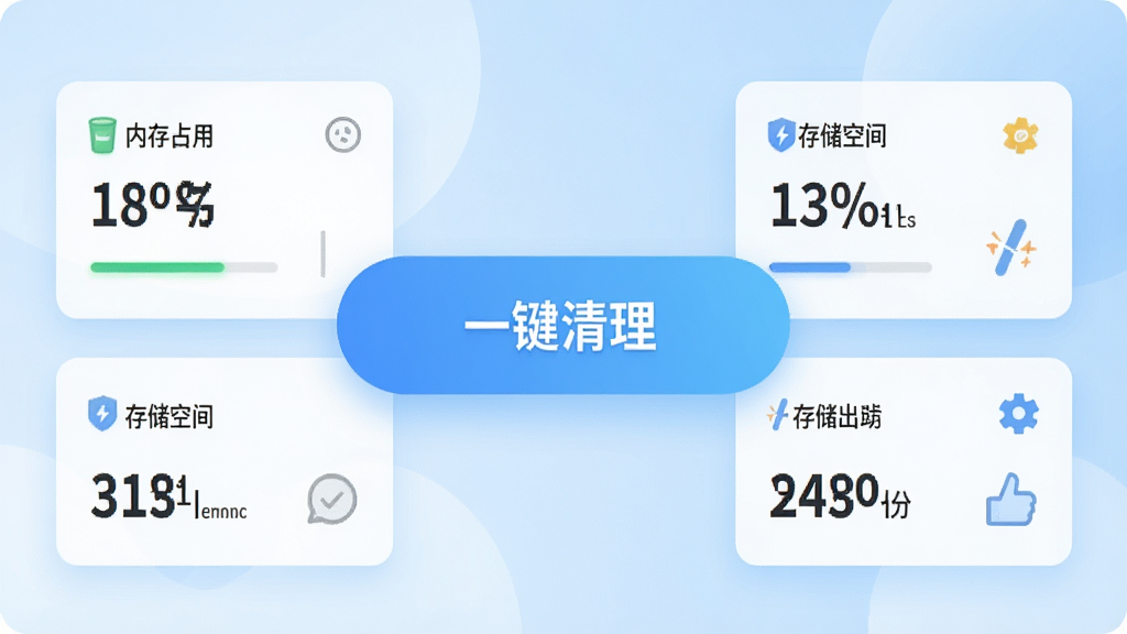 ��������С����App��ҳ����չʾ��������һ��������ť����Χ�����ڴ�ռ�úʹ洢�ռ����ݿ�Ƭ������Ϊǳ��ɫ���䣬�������ˬ�������������ɾ����޶���Ԫ��