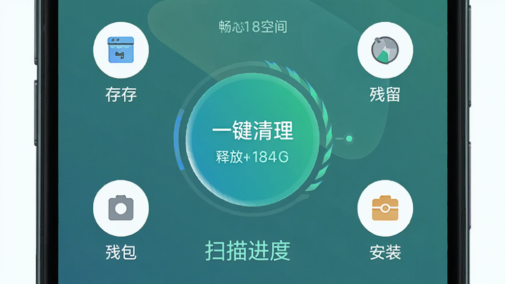 手机屏幕展示畅芯流量管理清理界面,主体为一键清理按钮与扫描进度,布局为中央圆形清理按钮,周围环绕缓存、残留、安装包等分类图标,排版对称,风格为清新浅色,细节包括释放空间数值、扫描动画效果,画质高清,干净,无多余元素
