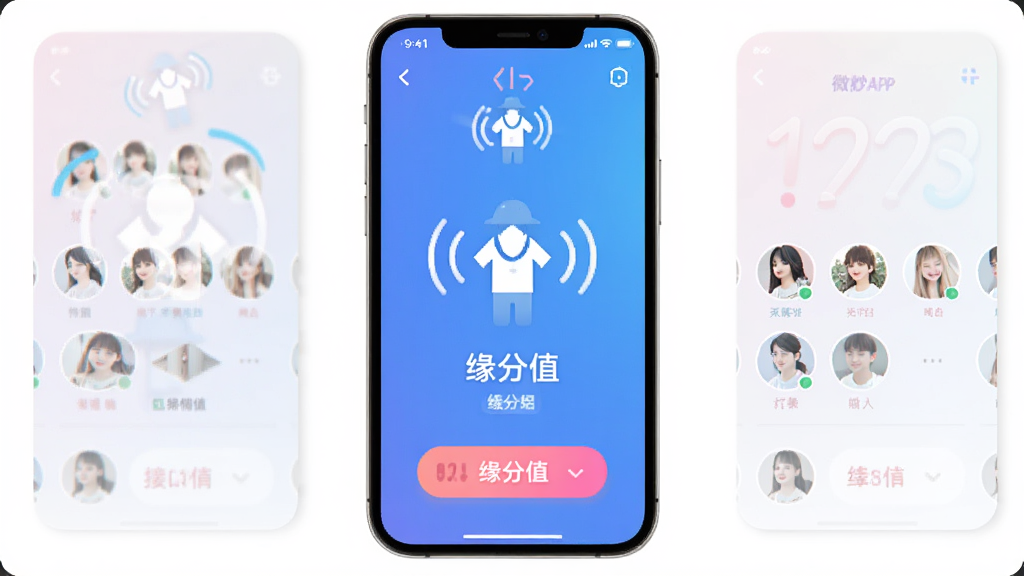微妙APP摇一摇匹配界面,主体为手机屏幕显示摇一摇动画和匹配结果,布局对称,排版活泼,风格年轻化,细节包括摇动图标、用户头像列表、缘分值显示,画质清晰,干净无多余元素