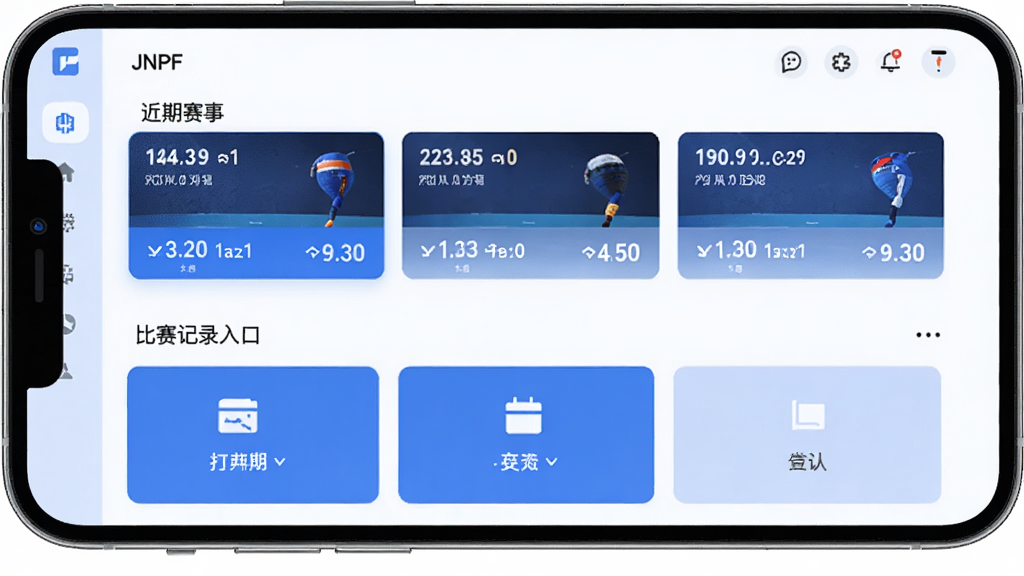 JNPF应用主界面,顶部为近期赛事列表,下方为比赛记录入口,蓝色主色调,简洁卡片式布局,扁平化设计风格,手机屏幕展示,画面干净整洁,高清画质