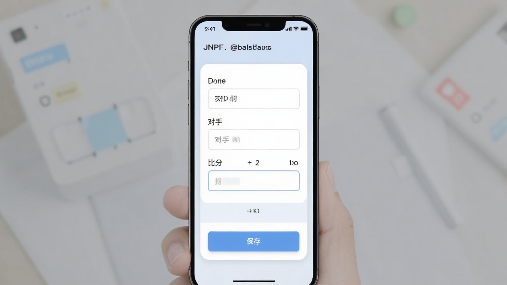 JNPF应用比赛记录添加页面,表单包含日期、对手、比分输入框,底部保存按钮,浅色背景,圆角卡片设计,扁平化风格,手机界面展示,画面干净,高清画质