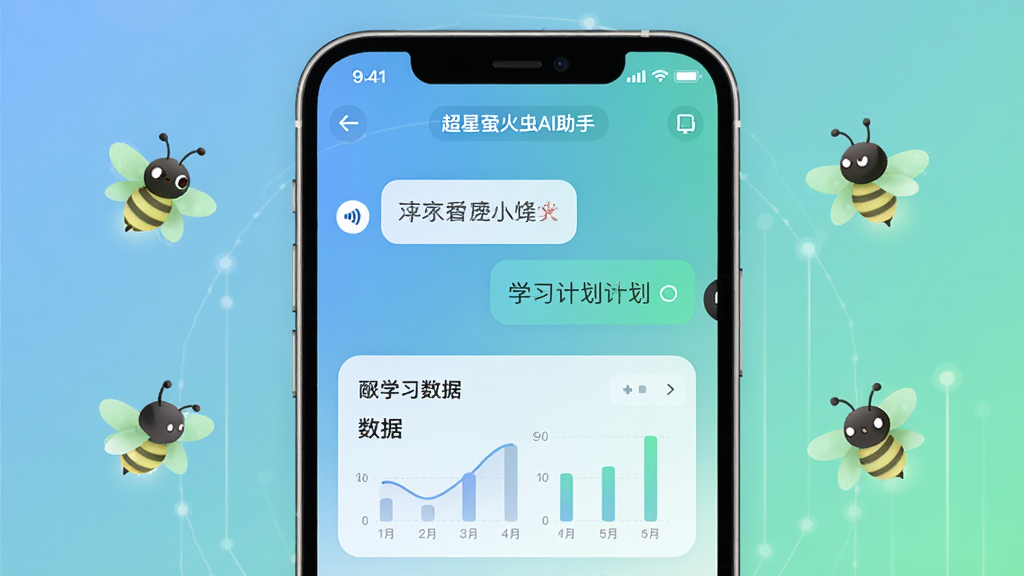 超星萤火虫AI助手界面,主体为手机屏幕显示语音对话和学习计划,布局居中,排版清晰,风格为现代教育科技风,细节包含柔和蓝绿渐变背景、卡通萤火虫图标、学习数据图表,画质高清,干净,无多余元素