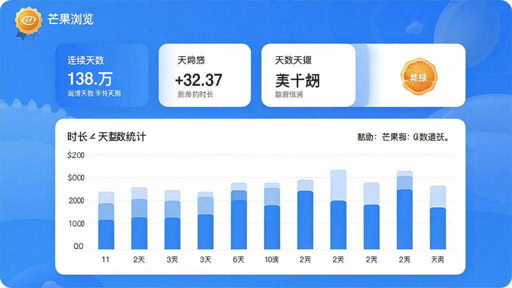 “芒果浏览”应用的阅读统计页面,主体为时长和天数数据图表,布局为上方数字卡片下方柱状图,排版直观,风格为清爽的蓝色调,细节包括连续天数徽章和鼓励文字,画质高清,干净,无多余元素