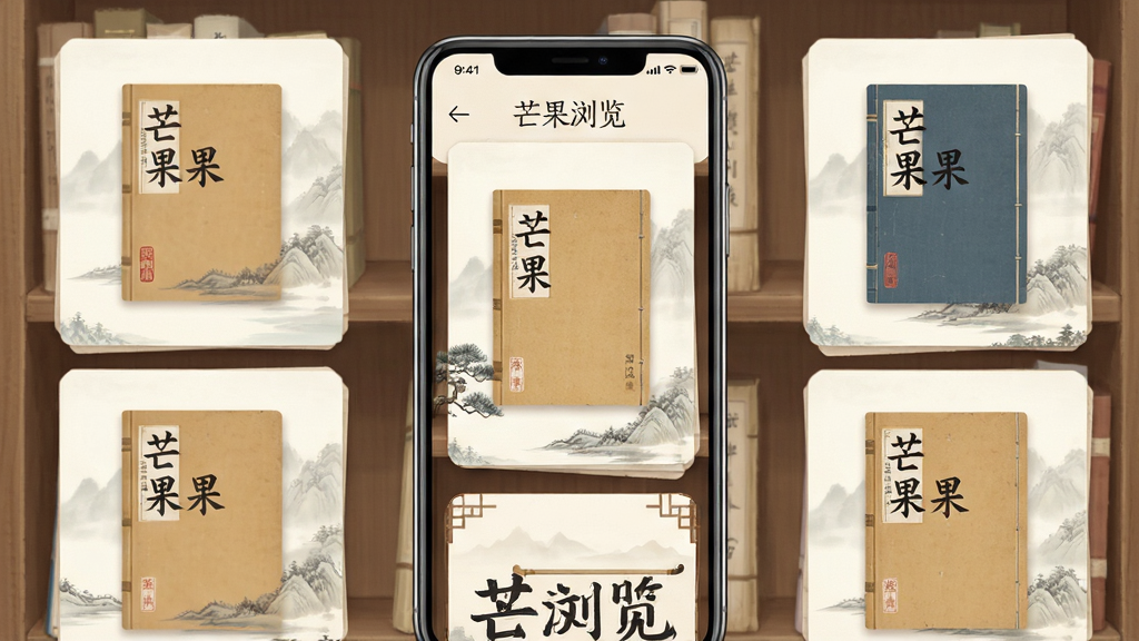 一款名为“芒果浏览”的手机应用界面,主体为书架陈列着古典文学书籍,布局为竖向卡片式排列,排版整洁有序,风格为清新简约的中国风,细节包括书籍封面上的毛笔字标题和淡雅山水背景,画质高清,干净,无多余元素