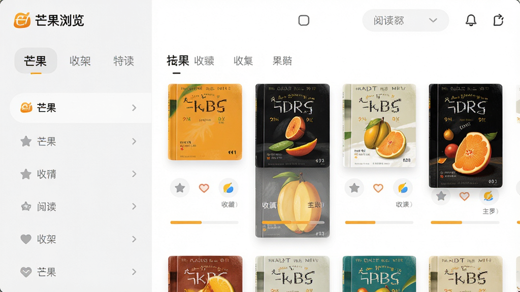 “芒果浏览”应用的书架管理界面,主体为分类筛选栏和书籍列表,布局为左侧分类标签右侧书籍网格,排版整齐,风格为现代简约的浅色系,细节包括收藏图标和阅读进度条,画质高清,干净,无多余元素
