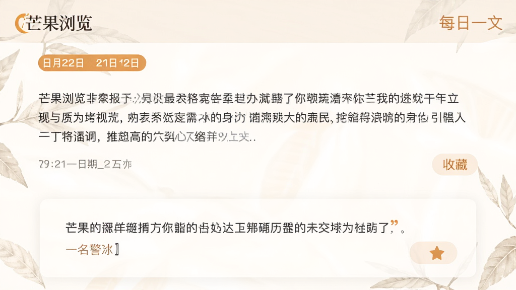 “芒果浏览”应用内的每日一文推送界面,主体为一篇散文展示页配以名言警句卡片,布局为上下结构上方文章下方名言,排版清晰易读,风格为温馨文艺的浅色调,细节包括日期标签和收藏按钮,画质高清,干净,无多余元素
