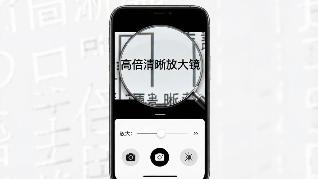 一款手机放大镜应用界面,主体为手机屏幕显示放大后的文字与物体细节,布局上下分栏上方为放大预览区下方为控制按钮,排版简洁清晰,风格为现代实用工具类APP,细节包含放大倍数调节滑杆、拍照按钮、灯光开关图标,画质高清干净无多余元素,屏幕中显示文字“高倍清晰放大镜”
