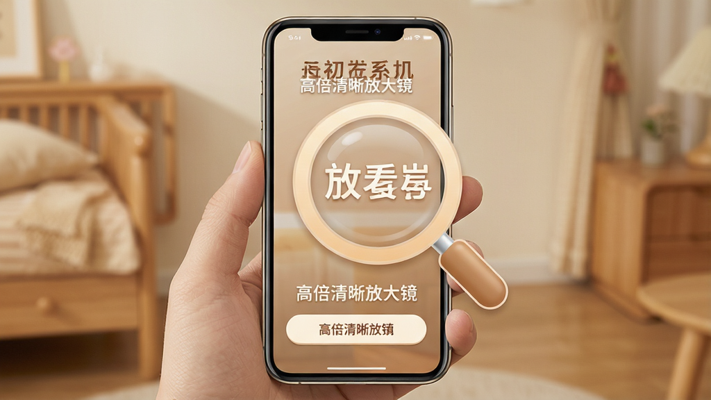 一部智能手机展示系统字号放大设置界面,主体为手机屏幕与放大镜图标组合,布局居中排版,风格为温馨适老化设计,细节包含大号字体显示、放大镜图标、简洁按钮,画质高清干净无多余元素,画面中文字为“高倍清晰放大镜”