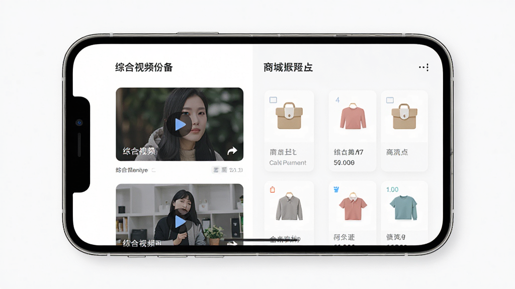 ����ͨApp����չʾ������Ϊ�ֻ���Ļ����ʾ�ۺ���Ƶ���̳ǰ�飬����Ϊ���ҷ������Ű�����������ִ���Լ��ϸ�ڰ�����Ƶ����ͼ����Ʒͼ�꣬���ʸ��壬�ɾ����޶���Ԫ��
