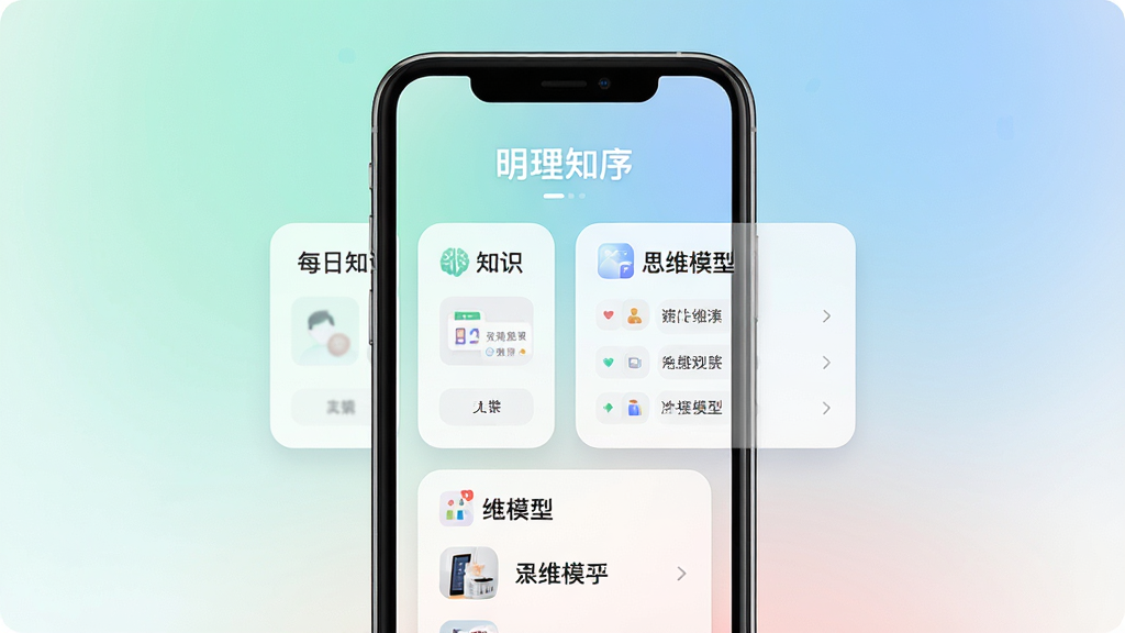 明理知序应用界面,主体为手机屏幕展示每日知识卡片和思维模型列表,布局居中,排版简洁,风格清新现代,细节包含柔和渐变色背景和圆角卡片,画质高清,干净,无多余元素