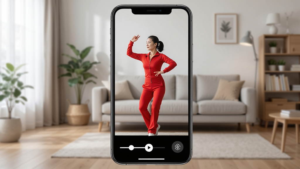 �ֻ���Ļ����ʾ�㳡�����ѧ����APP����Ƶ���Ž��棬����������һλ���ź�ɫ�˶����������������㳡�裬��Ļ�·��е��ٻ���;���ת��ť�������Ǽ��ľӼҿ��������岼�����������дʵ��ϸ�ڷḻ�����ʸ��壬�ɾ����޶���Ԫ��