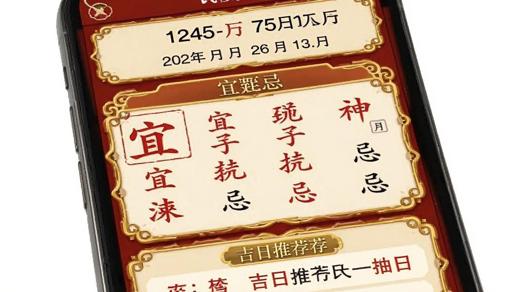 风水罗盘south黄历择日功能截图,主体为手机屏幕显示传统黄历界面,布局上方为日期与农历,中部为宜忌列表,下方为吉日推荐,风格古典雅致,细节包含红色宜字、黑色忌字、金色边框,画质清晰,干净,无多余元素