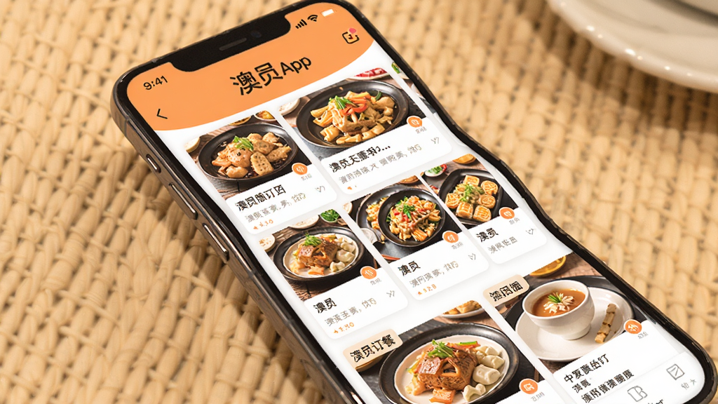����APP�������ͽ��棬�ֻ���Ļ��ʾ������ʳ�̼��б��Ͳ�Ʒ���飬ůɫ�����ɾ����࣬���廭��