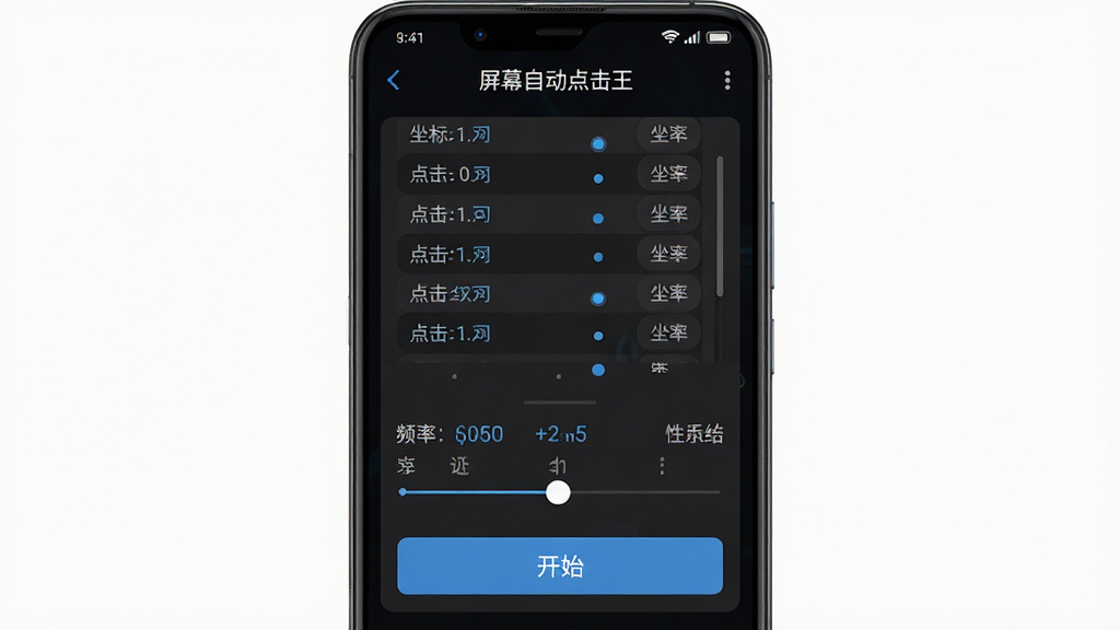 一款名为“屏幕自动点击王”的安卓手机应用界面截图,主体为手机屏幕中央展示定点点击设置面板,布局采用上下结构上方为坐标列表下方为频率滑块,排版简洁清晰,风格为现代科技感深色主题,细节包含点击坐标点、频率数值、开始按钮等元素,画质高清干净无多余元素