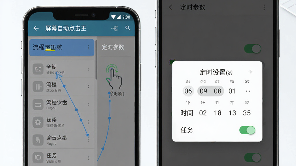一款名为“屏幕自动点击王”的安卓手机应用功能展示图,主体为手机屏幕中显示流程录制界面和定时设置弹窗,布局为左右分栏左侧为流程列表右侧为定时参数,排版整齐有序,风格为清新浅色商务风,细节包含手势轨迹线、时间选择器、任务开关等元素,画质清晰干净无多余元素
