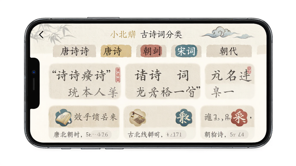 С��ͬѧ��ʫ�ʷ�����棬����Ϊ�ֻ�Ӧ�ý��棬����չʾ��ʫ�δʵȳ��������ǩ���Ű����룬���ŵ����£�ϸ�ڰ���ʫ������Ԥ���ͷ���ͼ�꣬���ʸ��壬�ɾ��޶���Ԫ��