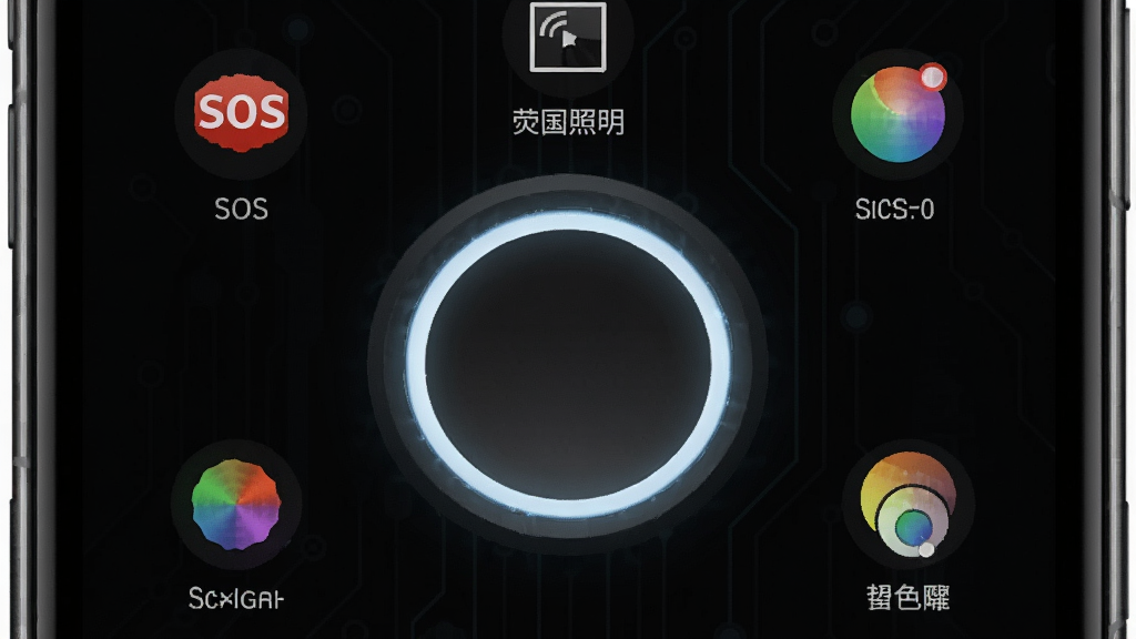 超亮万能手电筒软件界面展示,主体为手机屏幕中央一个大圆形开关按钮,周围环绕SOS、荧幕照明、颜色选择等图标,布局简洁,排版清晰,风格为深色科技风,细节上按钮有微光效果,画质高清,干净,无多余元素